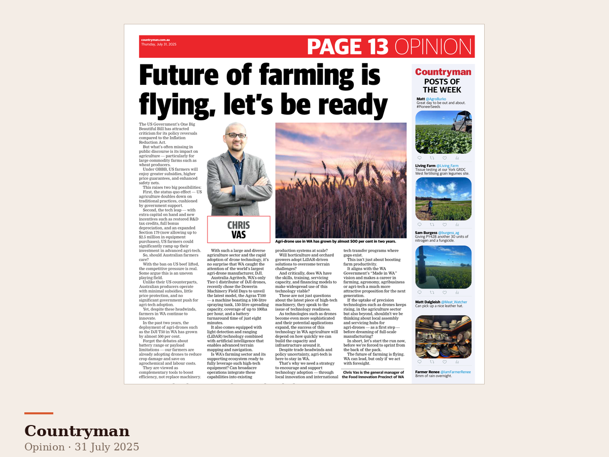 A newspaper page titled "Future of farming is flying, let's be ready" with a photo of a man named Chris Vas, a sunset over a wheat field, and a sidebar with posts of the week from @AgroBurk, @Burgess_ag, @Meat_Watcher, and @IamFarmerRenee.
