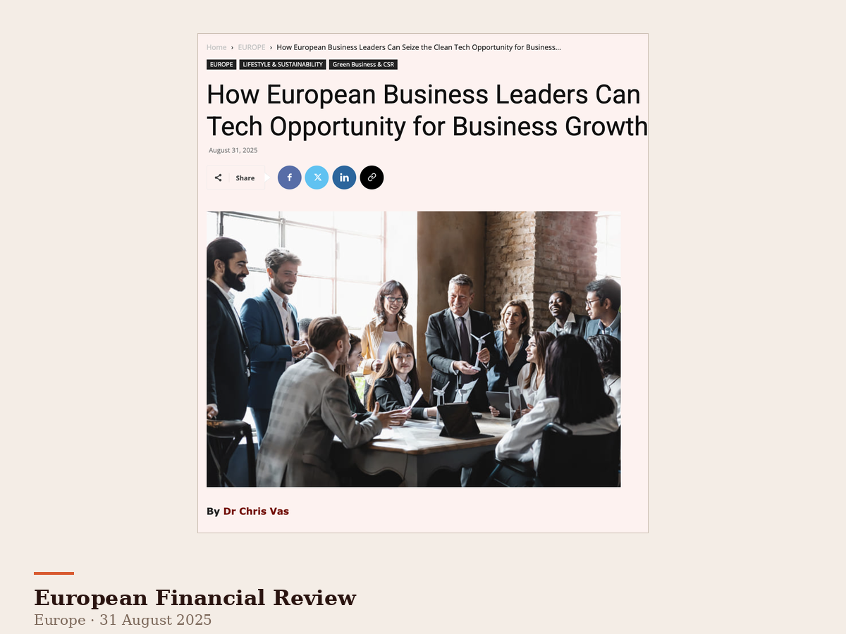 Dr Chris Vas article in the European Financial Review. A group of diverse business professionals gathered around a table in a bright office, engaged in a discussion, with some standing and others seated, demonstrating teamwork and collaboration.