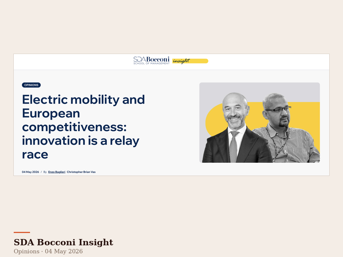 The SDA Bocconi Insights article, co-authored by Dr Chris Vas and Prof Enzo Bagileri, discussing electric mobility and European competitiveness with a photo of two men, placed on a yellow background.