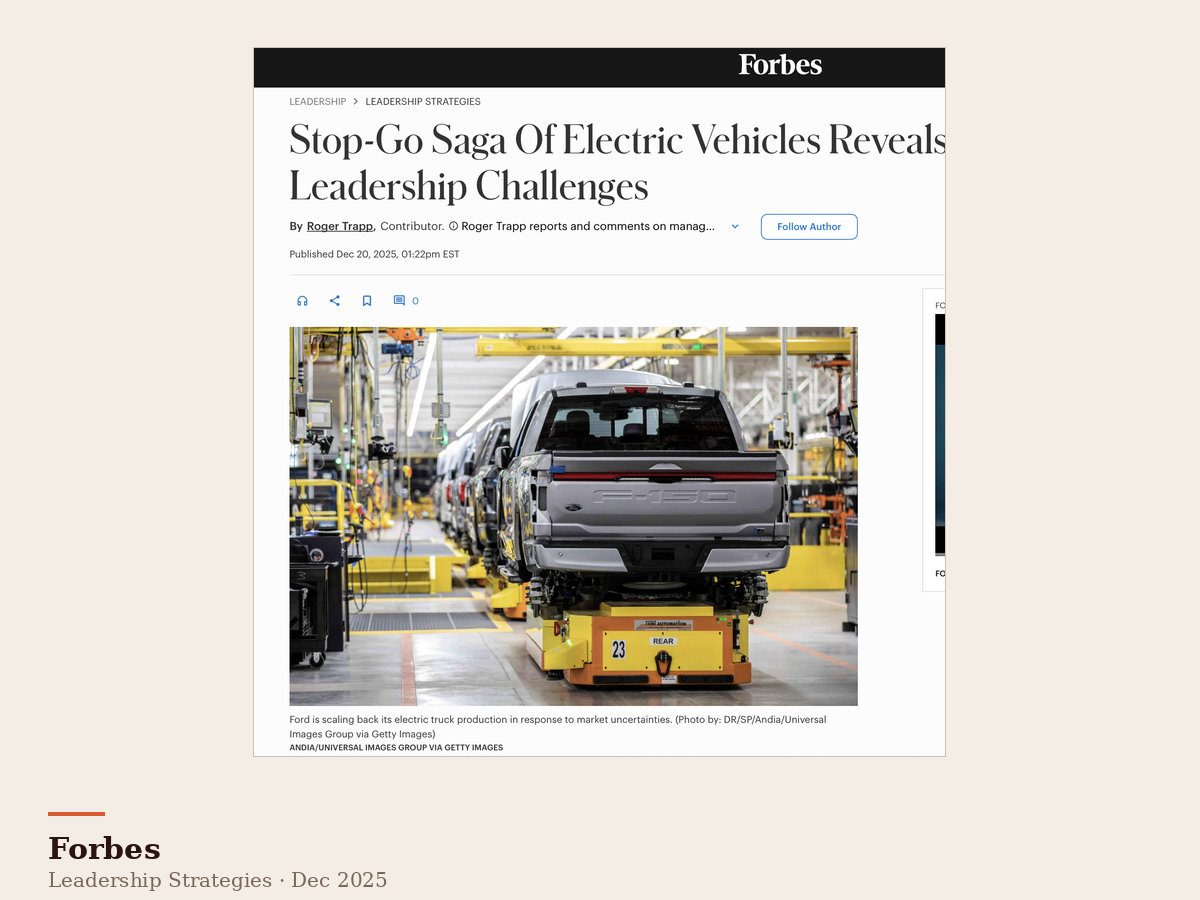 Dr Chris Vas quoted in a Forbes article Inside an automotive manufacturing plant, multiple electric pickup trucks are being assembled on a production line with robotic equipment and bright industrial lighting.