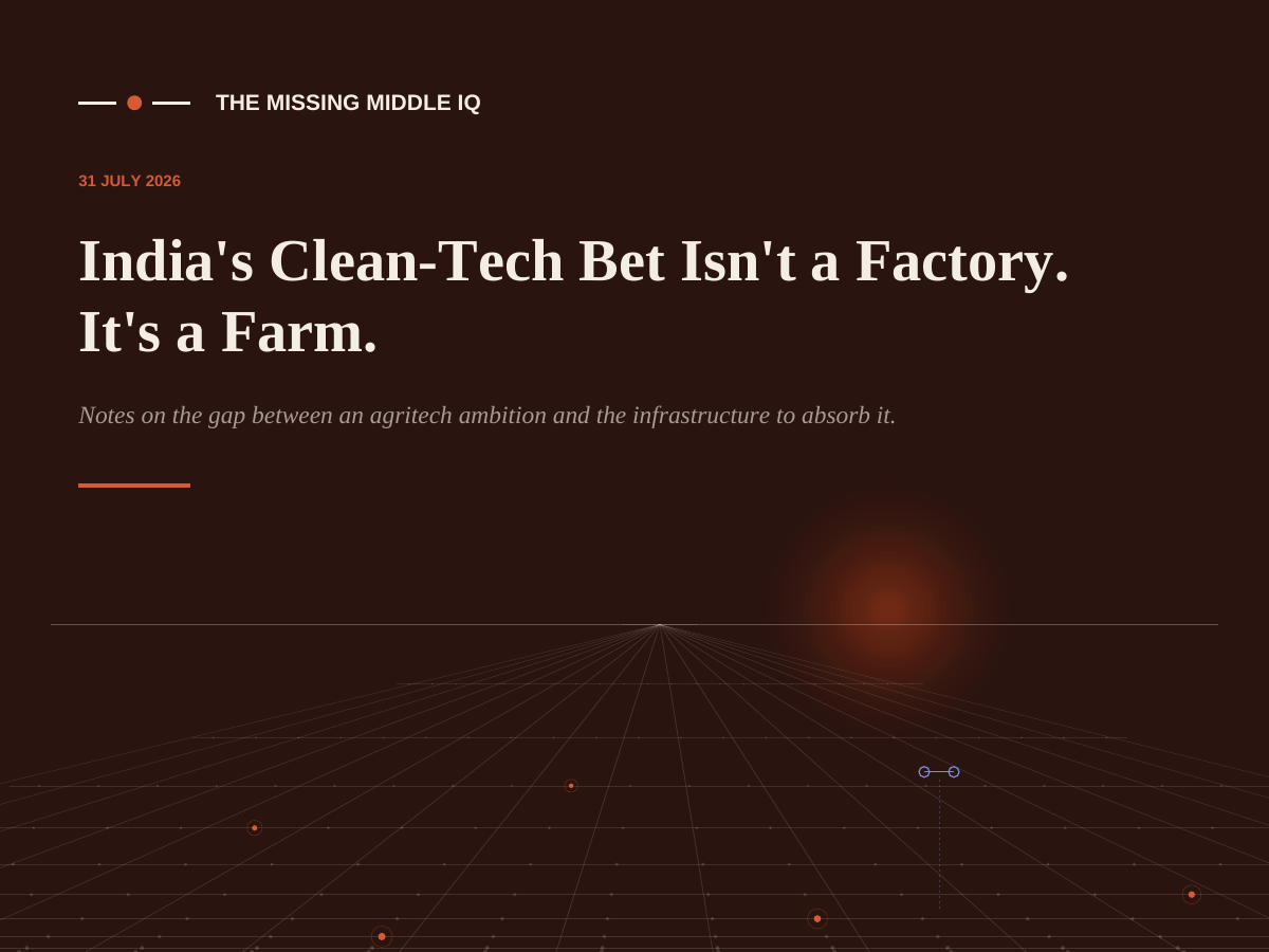 A webpage titled 'India's Clean-Tech Bet Isn't a Factory. It's a Farm.' with a dark background, orange accents, and a grid with data points and a glowing spot, related to clean technology and agriculture in India.