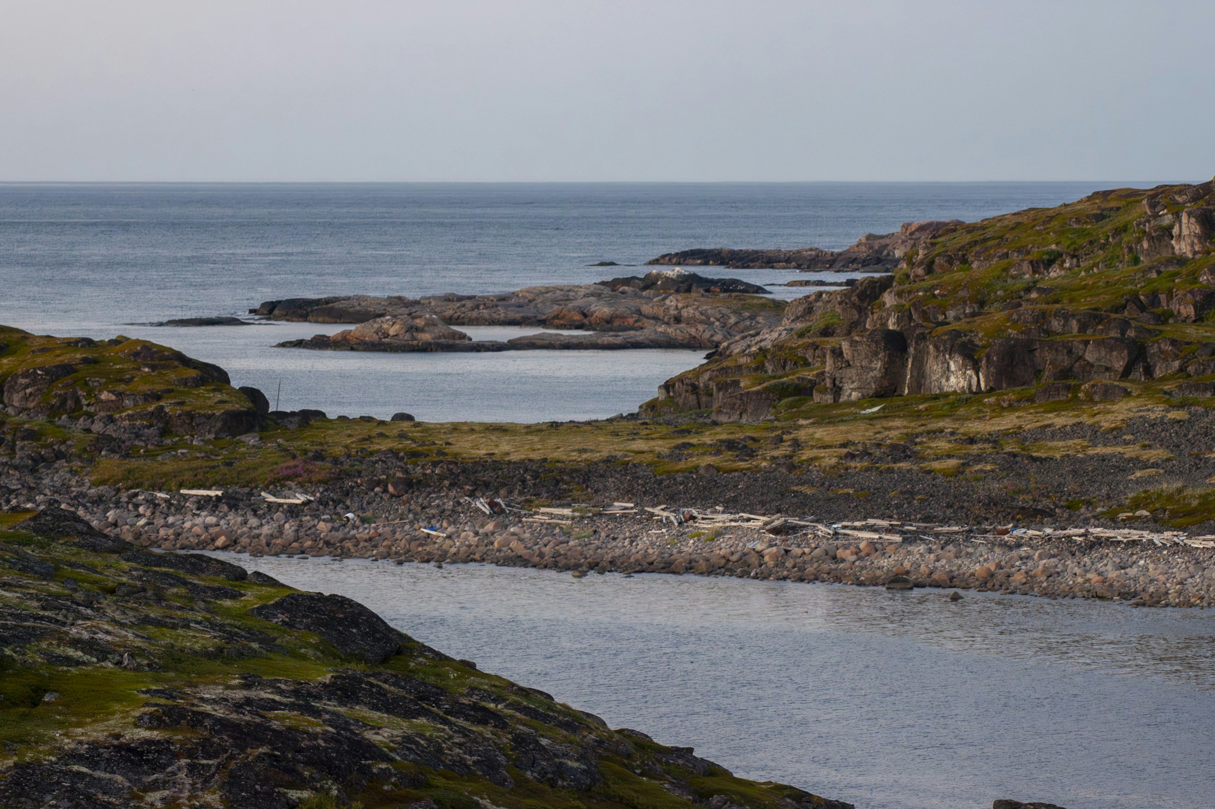 Coastal landscape with rocky cliffs covered in green vegetation, extending into calm ocean water under a cloudy sky.