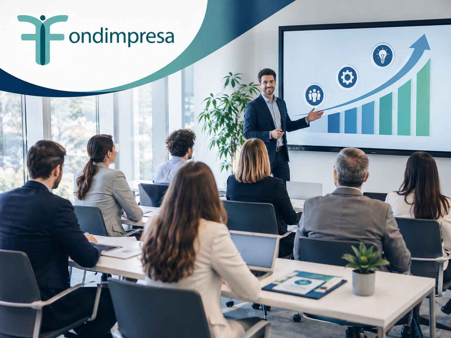 Un uomo in abito blu presenta una grafico di crescita con icone di idea, ingranaggio e gruppo di persone davanti a un pubblico in una sala conferenze moderna con grandi finestre e piante.