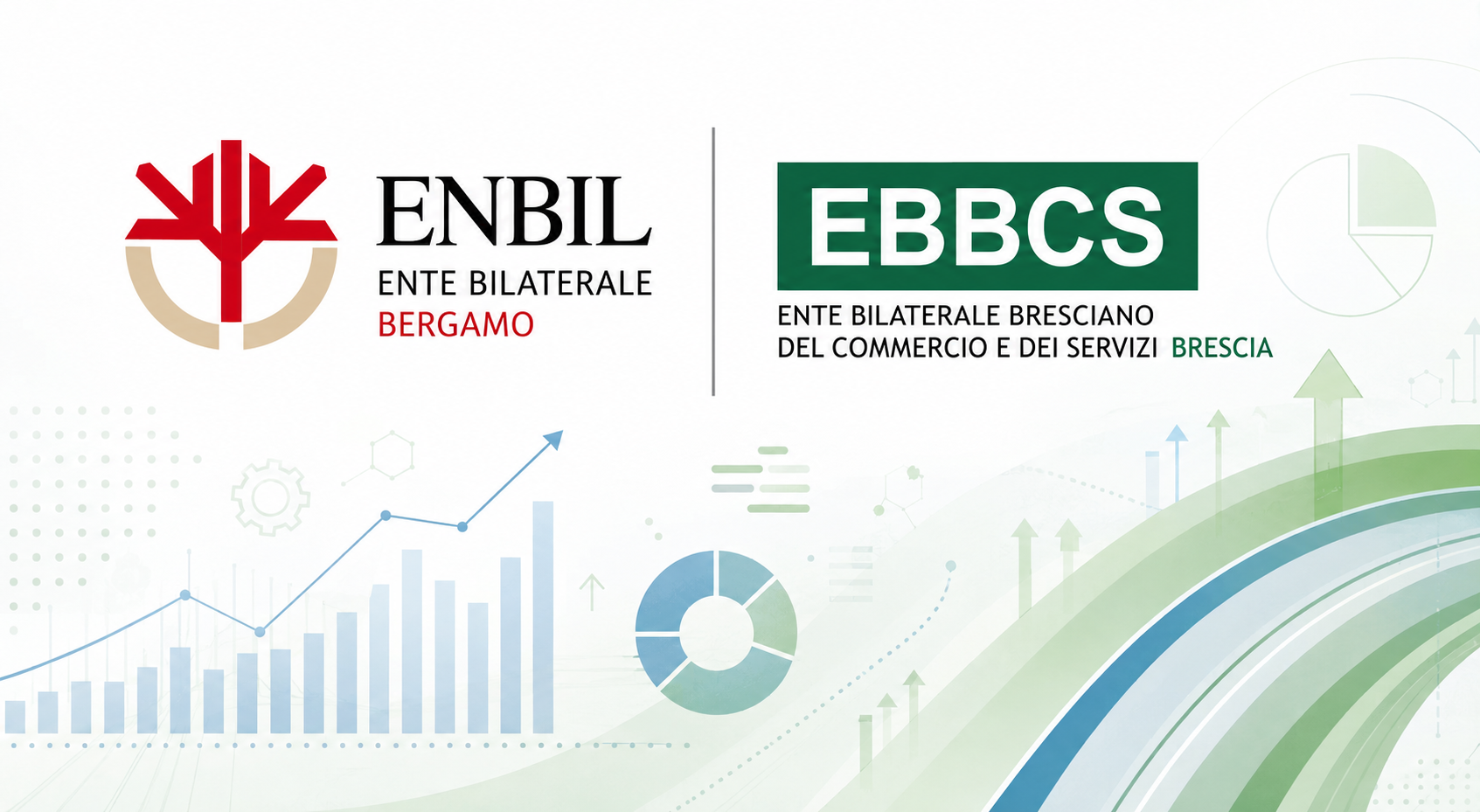 Logo di ENBIL Bergamo a sinistra e logo di EBBCS Brescia a destra, con grafici e diagrammi di sfondo in colori rosso, verde e blu