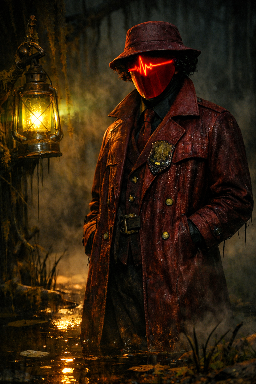 A person standing in a dark, foggy forest wearing a red raincoat and hat, with a glowing red LED mask in the shape of a heartbeat. A lantern provides warm light nearby.
