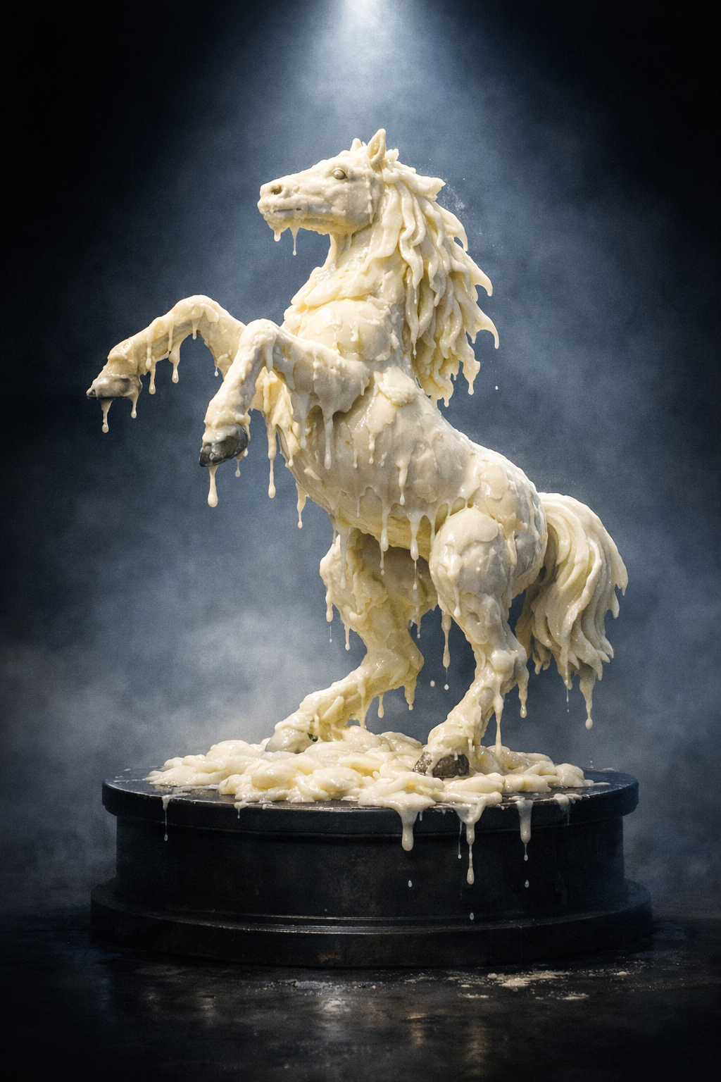 A sculpture of a rearing horse made entirely of white melted material, possibly wax or chocolate, with a dark base and a smoky background.
