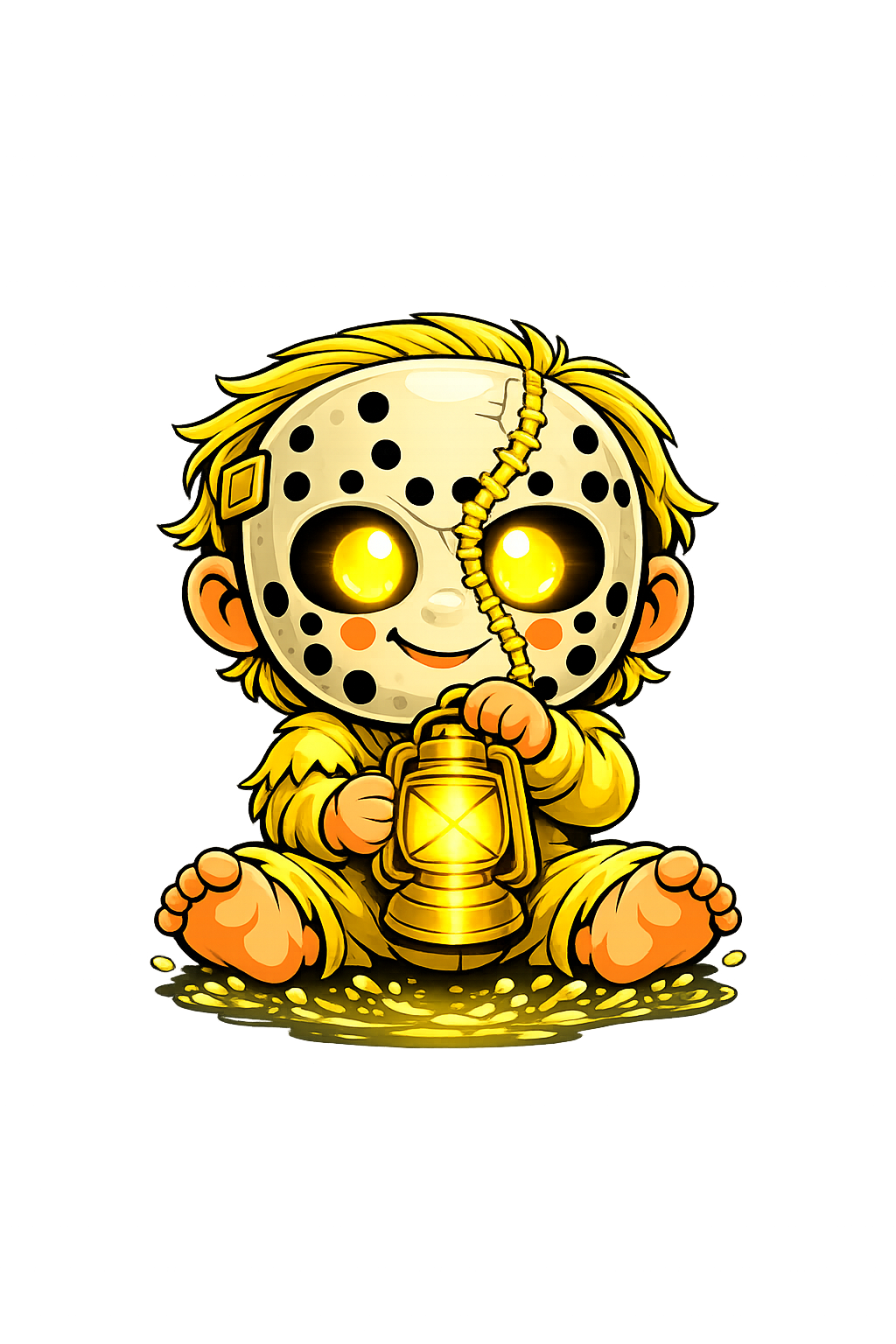 A cartoon baby dressed in a yellow bunny costume, holding a lantern, wearing a Jason Voorhees mask with glowing eyes, sitting on the ground surrounded by gold coins.