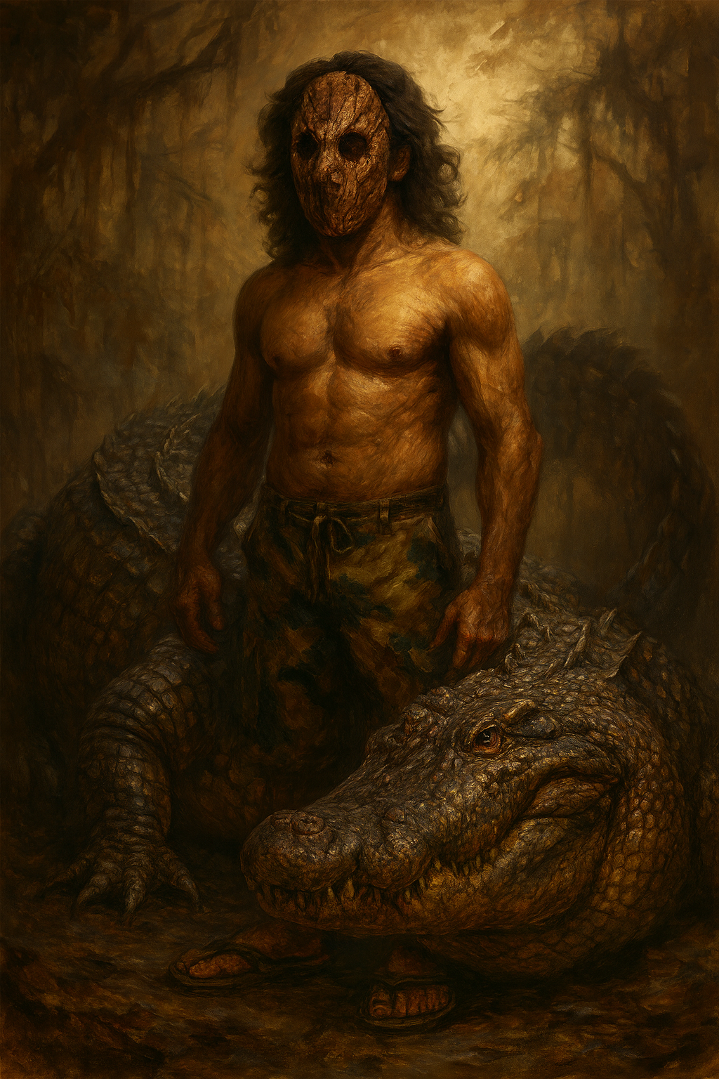 A shirtless man wearing camouflage pants with a mask resembling a burnt wooden face, standing next to a crocodile in a dark, jungle-like environment.