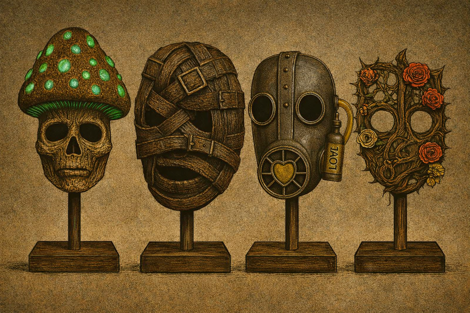 Four decorative masks on wooden stands, including a skull with a mushroom top, a wooden tribal mask, a gas mask with a heart-shaped filter, and a heart-shaped wreath with roses.
