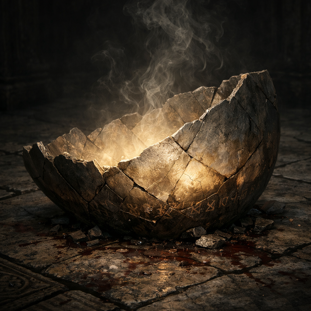 A glowing, cracked stone bowl with steam rising from it, set on a dark, textured surface.