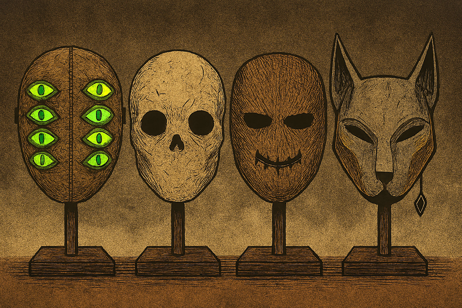 Four masks on stands, each with a different design: the first with six green eyes, the second a mouthless human skull, the third a grinning mask, and the fourth a fox head with elongated ears and a dangling ornament.