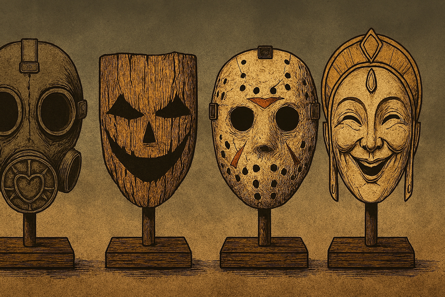 Four Halloween masks representing different styles: a gas mask, a wooden carved face with a smiling jack-o'-lantern face, a hockey mask, and a smiling traditional mask with detailed decorations.