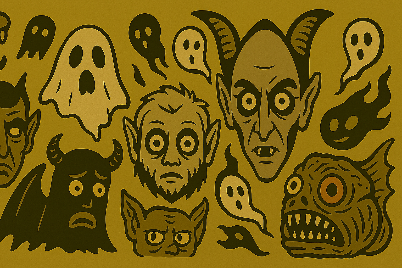 Black Halloween-themed illustrations of ghosts, ghouls, goblins, monsters, and other spooky characters on a yellow background.