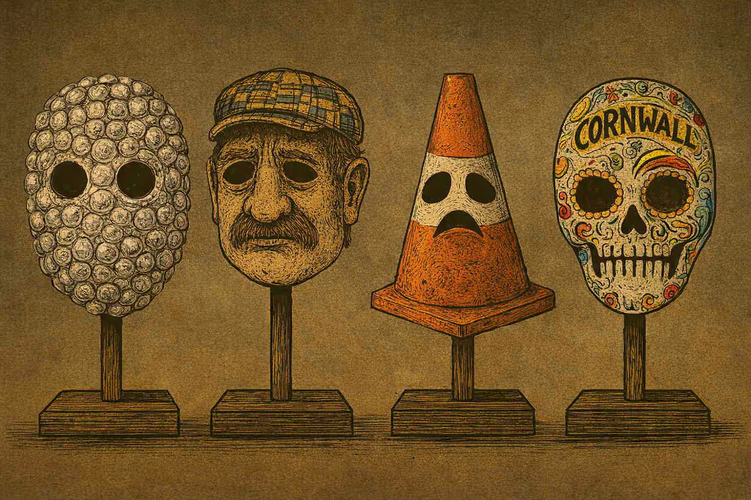 Four artistic masks on display, each on a wooden stand. The first mask resembles a head made of numerous small spheres, the second is a realistic male face with a mustache and a cap, the third is a traffic cone with a painted spooky face, and the fou