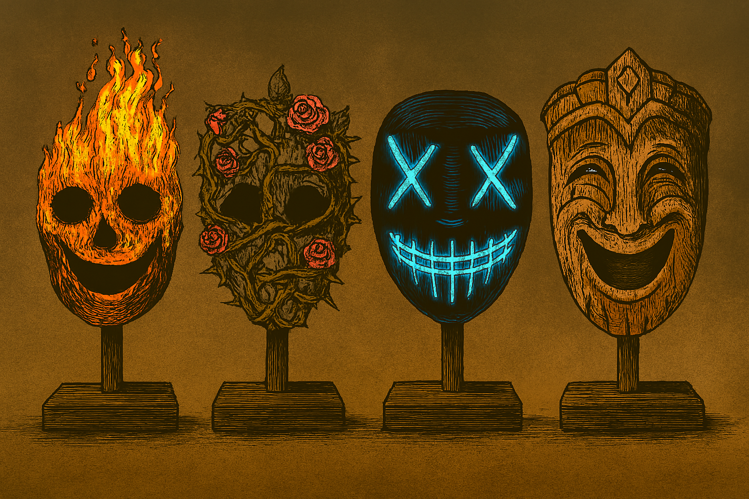 Four illustrated masks on stands featuring a flaming skull, a rose and thorn mask, a glowing LED smiling skull with X eyes, and a carved wooden smiling tiki mask.
