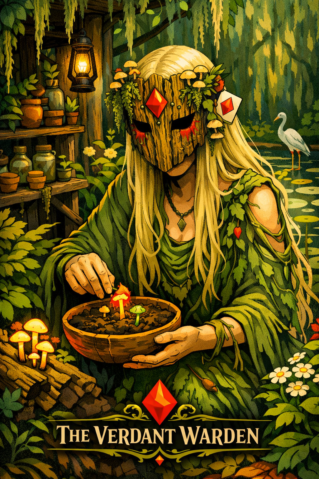 A fantasy illustration of a forest scene titled 'The Verdant Warden'. A woman with long blonde hair, wearing a green leafy dress and a wooden mask with mushrooms and plants, is holding a bowl of glowing small mushrooms. In the background, there are plants, jars, and a lantern hanging, with a heron near a pond surrounded by lily pads.
