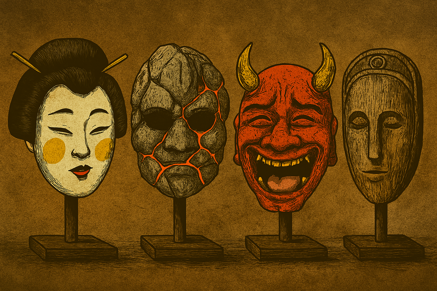 Four traditional decorative masks displayed on stands, including a geisha mask, a stone-like mask, a demon mask with horns, and a wooden mask with simple features.