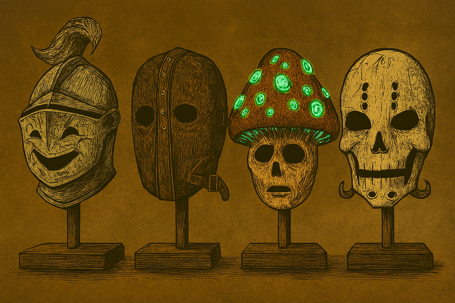Four Halloween masks on wooden stands: a smiling knight's helmet, a plain wooden mask with eye holes, a skull with a mushroom cap decorated with glow-in-the-dark spots, and a skeletal mask with holes and piercings.