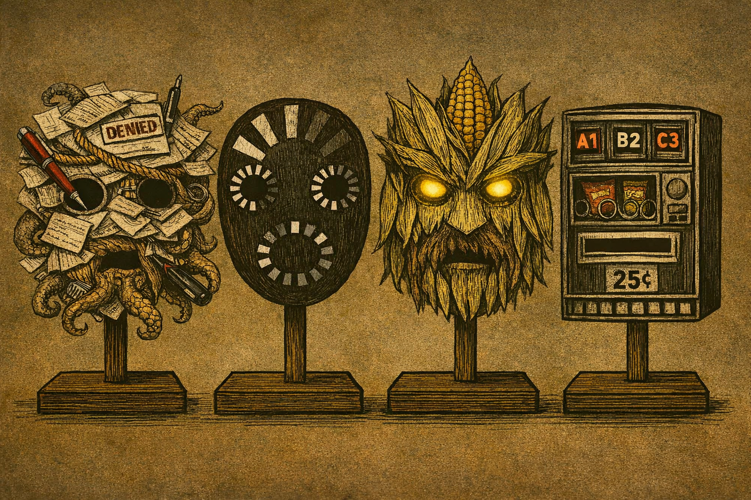 Four Halloween masks on display: a tangled mess of papers and objects with a 'denied' sign and pens, a wooden mask with circular eye holes, a mask resembling a lion with glowing eyes and a sunflower mane, and a vintage-style vending machine with snac
