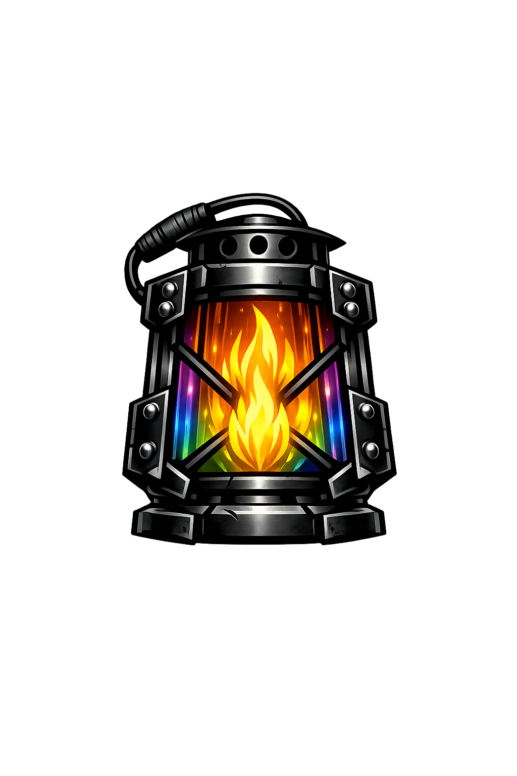 A colorful digital illustration of a lantern with a flame inside, set against a vibrant abstract background with streaks of neon colors.