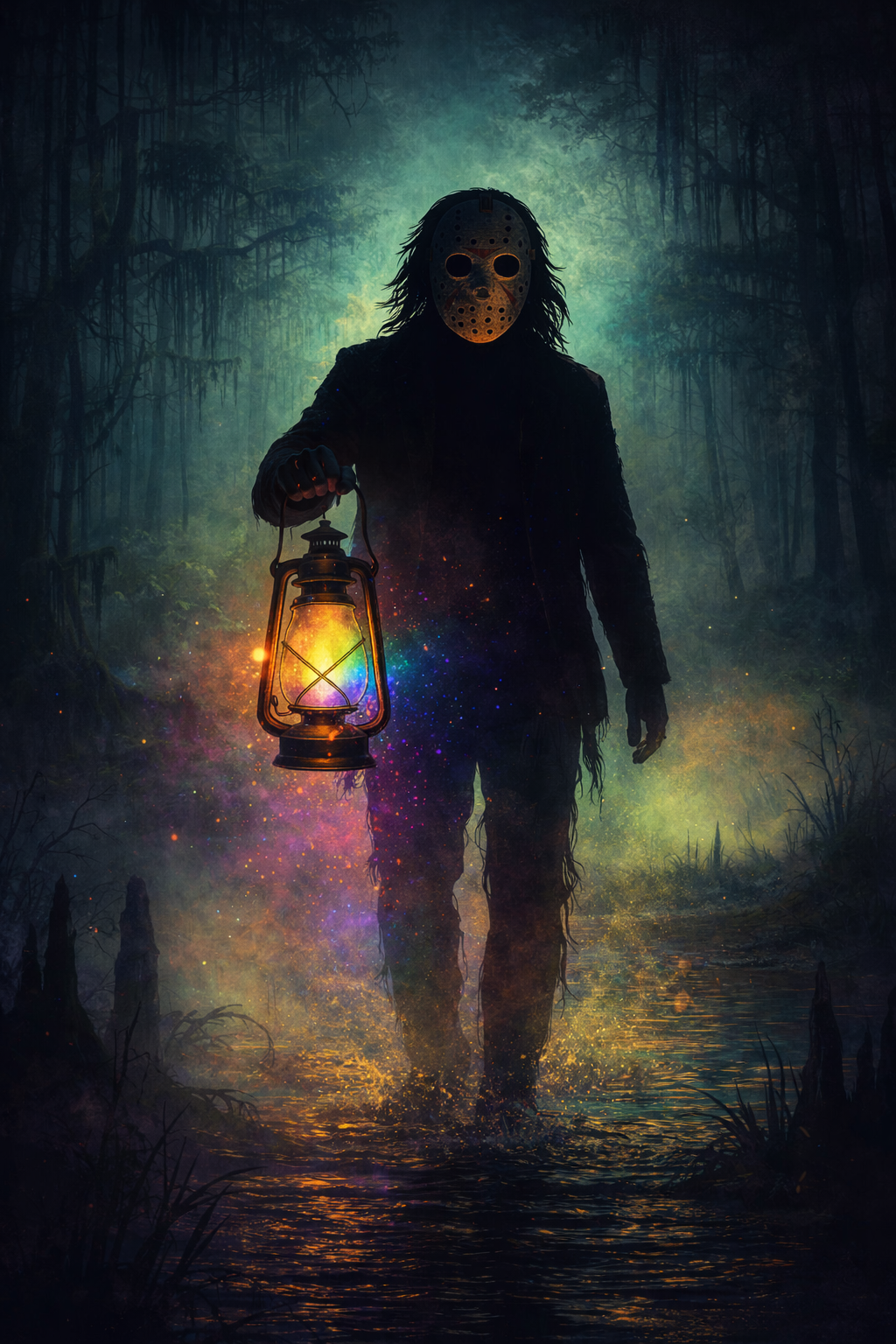 A person in a hockey mask and dark clothing holding a lantern in a foggy, dark forest at night.
