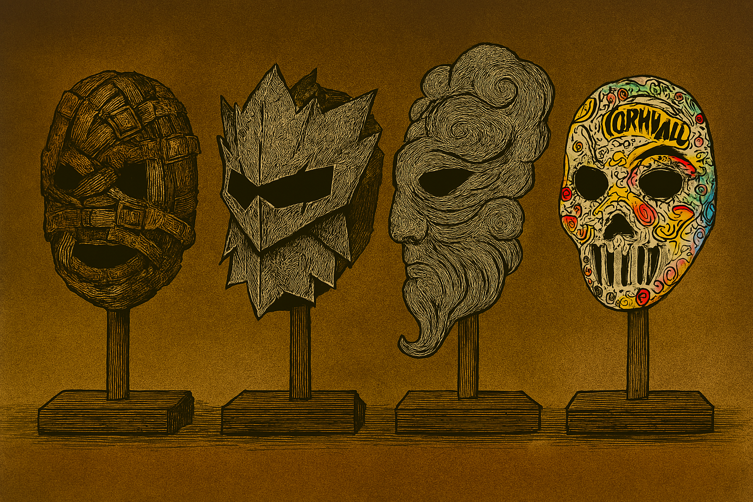 Four artistic masks on sticks, each with unique designs including a woven face of belts, a jagged iron mask, a flowing cloud half mask, and a colorful, graffiti sticker bomb skull with the name 'CORNWALL' on it.