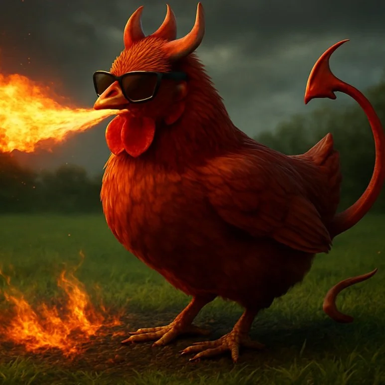 A fiery cartoon chicken with horns, sunglasses, and a tail, breathing fire, standing on grass with flames around it, in a dark cloudy sky background.