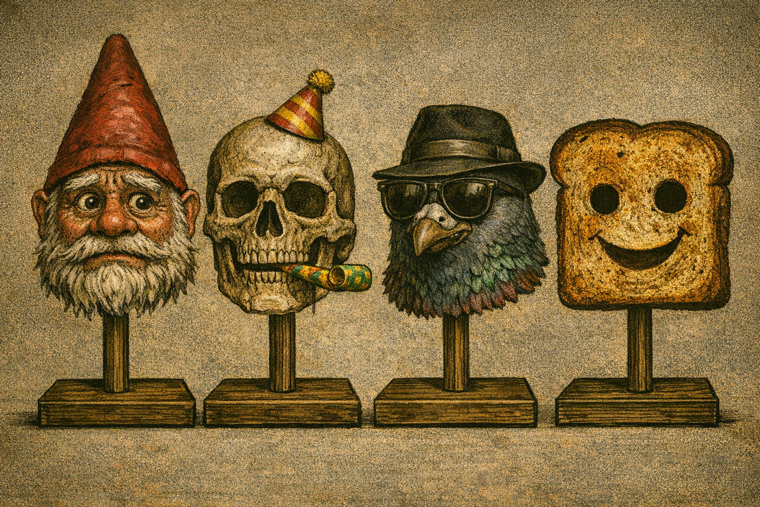 Four Halloween-themed masks on stands: a gnome with a red hat, a skeleton with a party hat and a cigar, a bearded man with sunglasses and a fedora, and a smiling piece of toast.