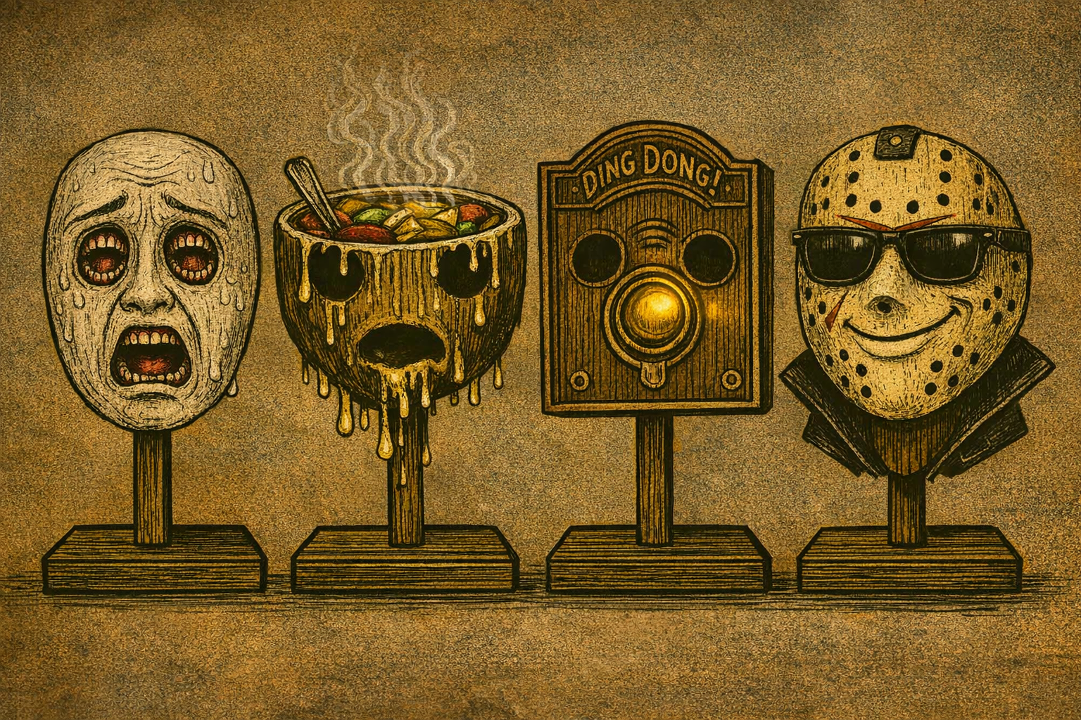 Four horror-themed wooden masks or sculptures, each mounted on a wooden stand, with a textured background. From left to right: a crying, distressed mask, a melting bowl of soup with a scary face, a vintage doorbell with a speaker, and a smiling Jason