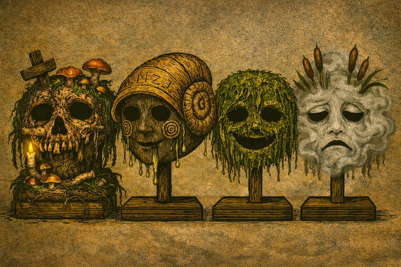 Four artistic masks on stands, each with a unique horror-inspired design, one with a skull and mushrooms, one with a smiling face and a shell, one with a green mossy face, and the last with a sad face and a crown of stakes.