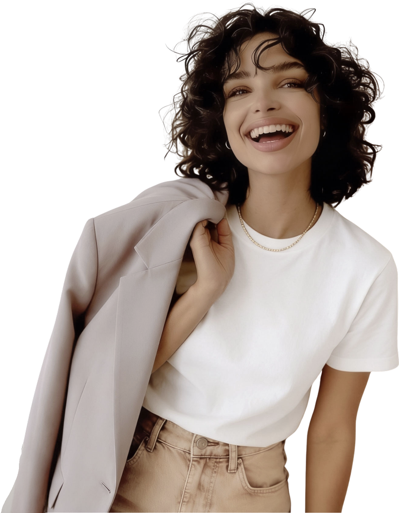 A young woman with curly dark hair smiling and lifting a beige blazer over her shoulder, wearing a white t-shirt, beige pants, a delicate necklace, and hoop earrings.