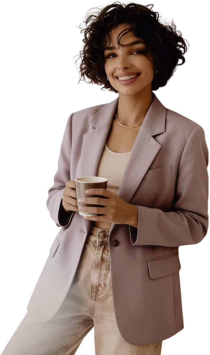 A woman with curly dark hair smiling, wearing a light-colored blazer over a beige top and holding a cup. She has a pearl necklace and light-colored pants.