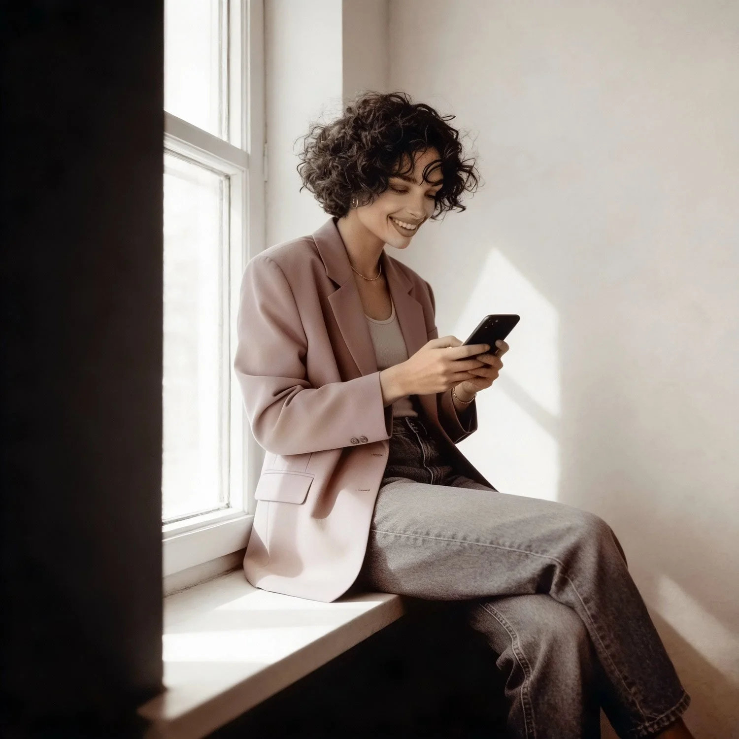 A woman with curly hair sitting on a windowsill, smiling at her phone inside a room with white walls and natural light.