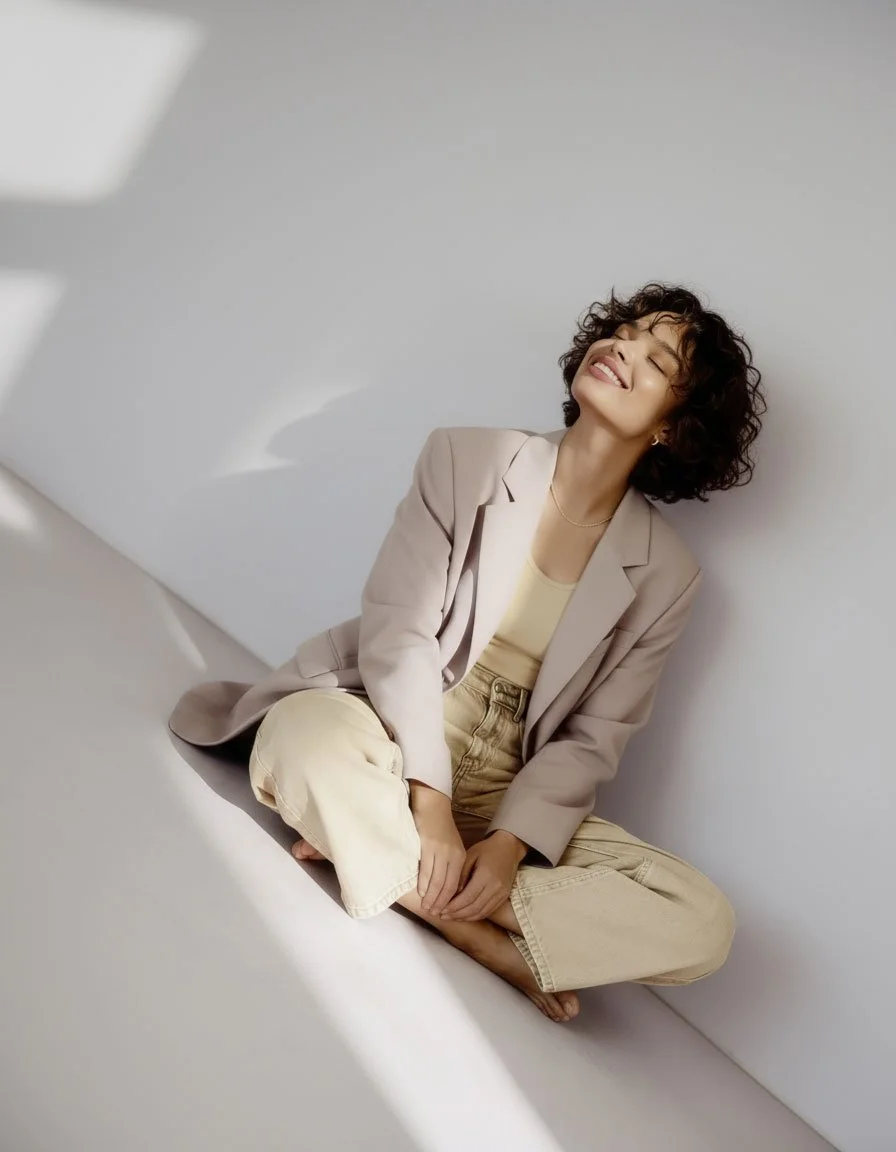 A woman with curly hair sitting cross-legged on the floor, smiling with eyes closed, wearing a beige blazer, yellow top, and beige pants, against a plain white wall.