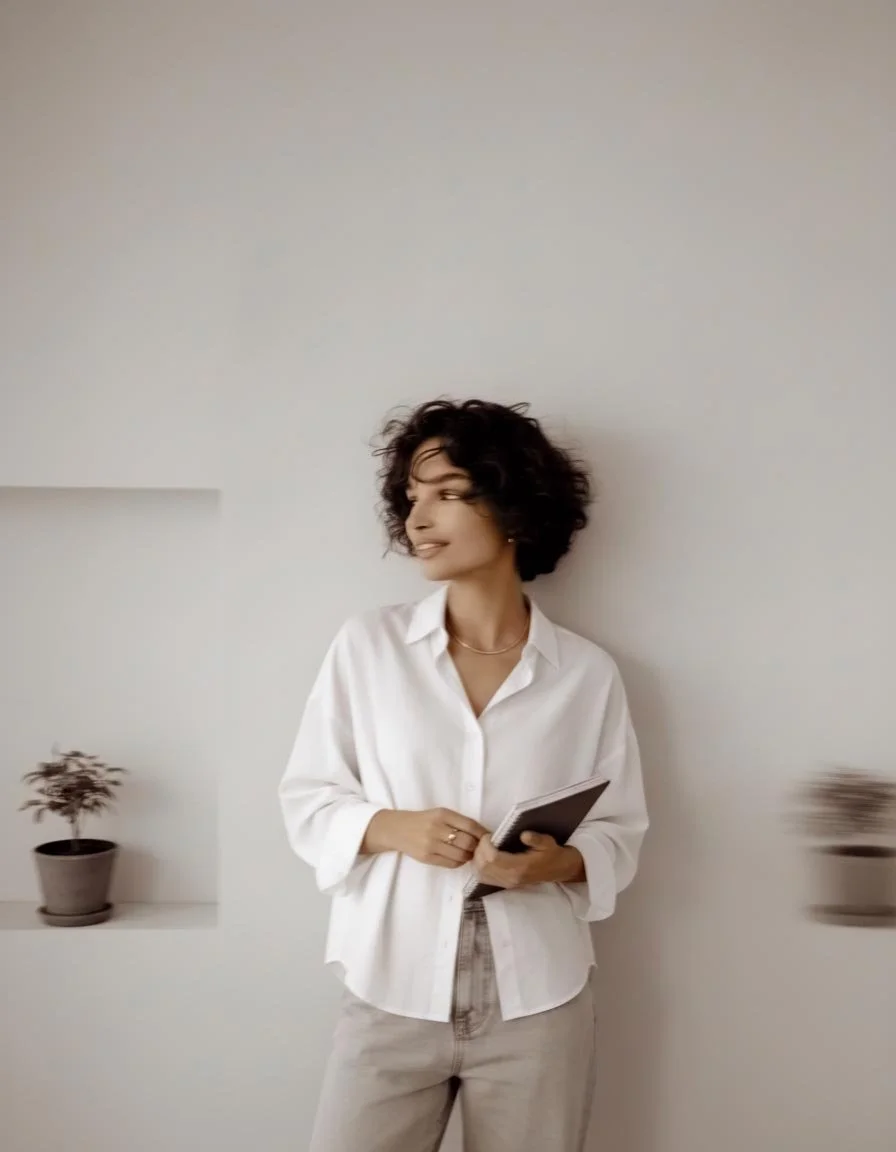 A woman with curly dark hair, wearing a white button-up shirt and light-colored pants, holding a book and standing against a plain wall with two potted plants on shelves.
