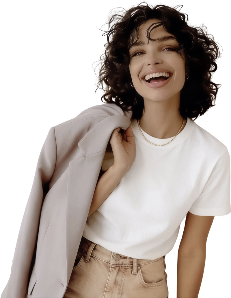 A young woman with curly dark hair smiling and looking at the camera, wearing a white t-shirt, beige pants, a pearl necklace, and holding a light-colored blazer over her shoulder.