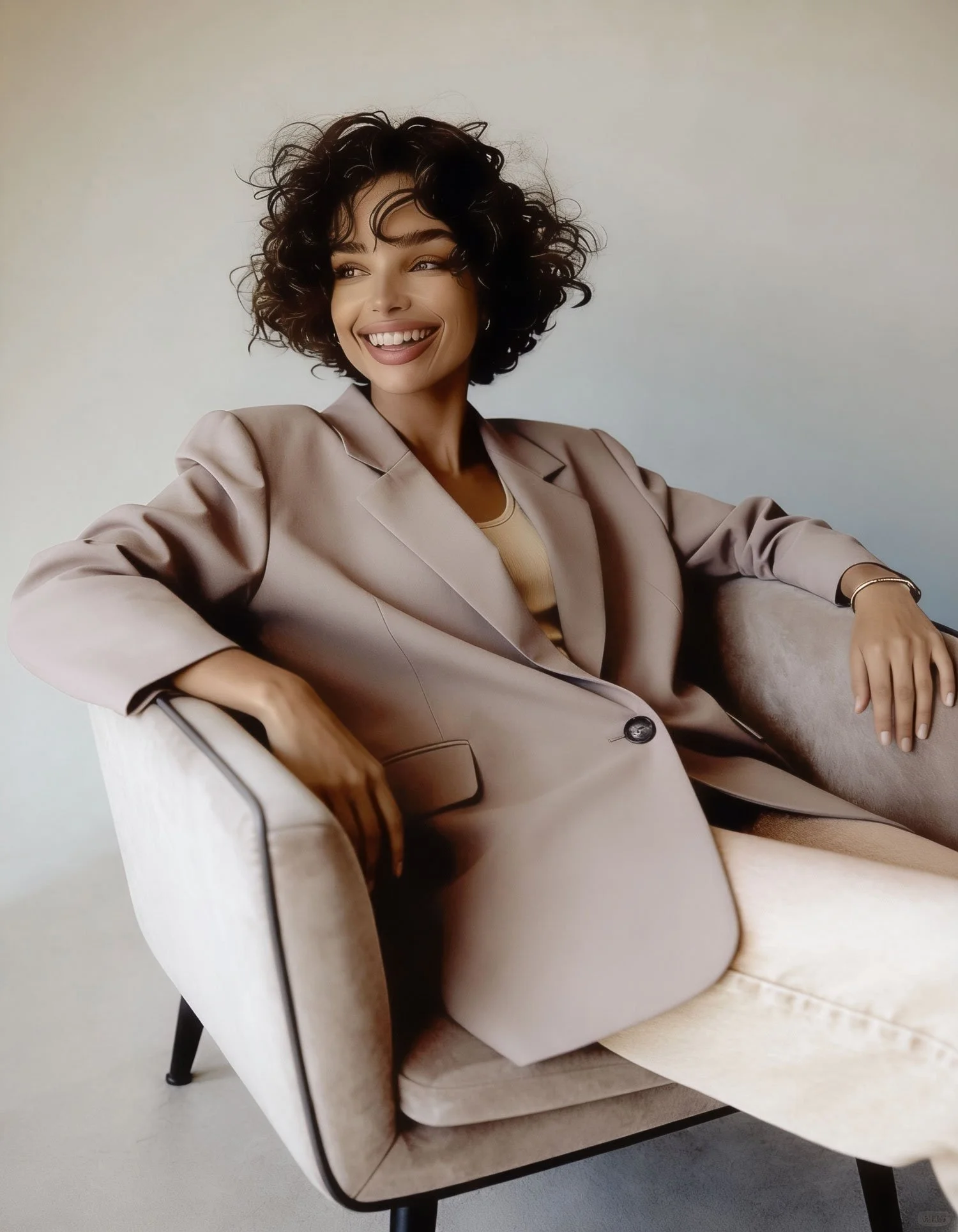 A woman with curly dark hair and makeup, smiling and seated in a beige blazer and cream-colored pants on a light-colored chair, relaxed with one arm on the armrest, against a plain light background.