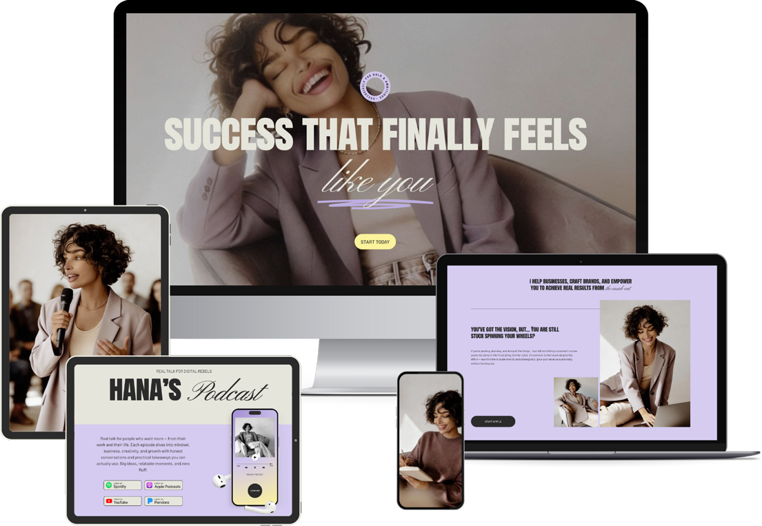 Multiple screens displaying a woman with curly hair in various poses, promoting success, podcasts, and digital content.