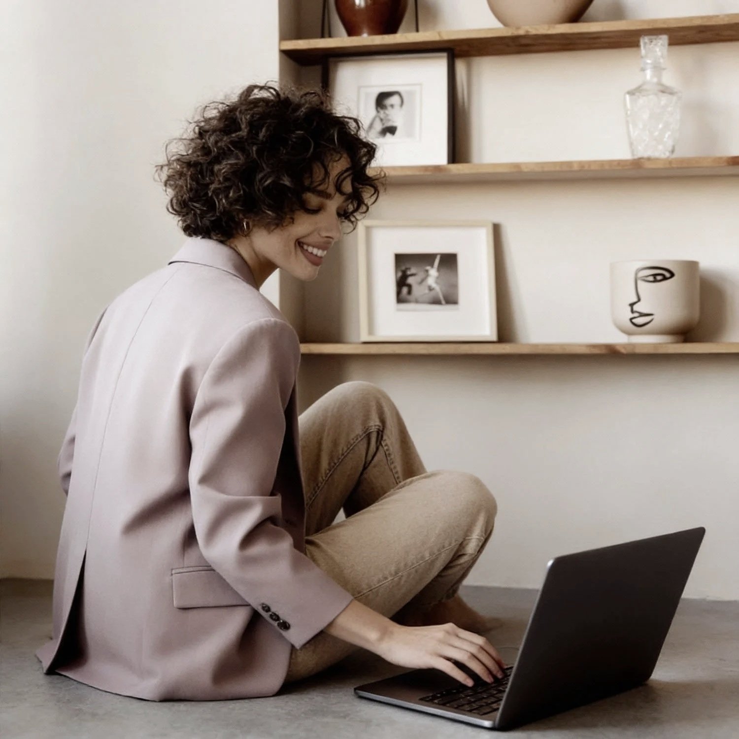 A woman with curly hair and a light blazer sitting cross-legged on the floor, smiling while working on a laptop, in a room with wooden shelves holding framed photos, pottery, and a glass decanter.