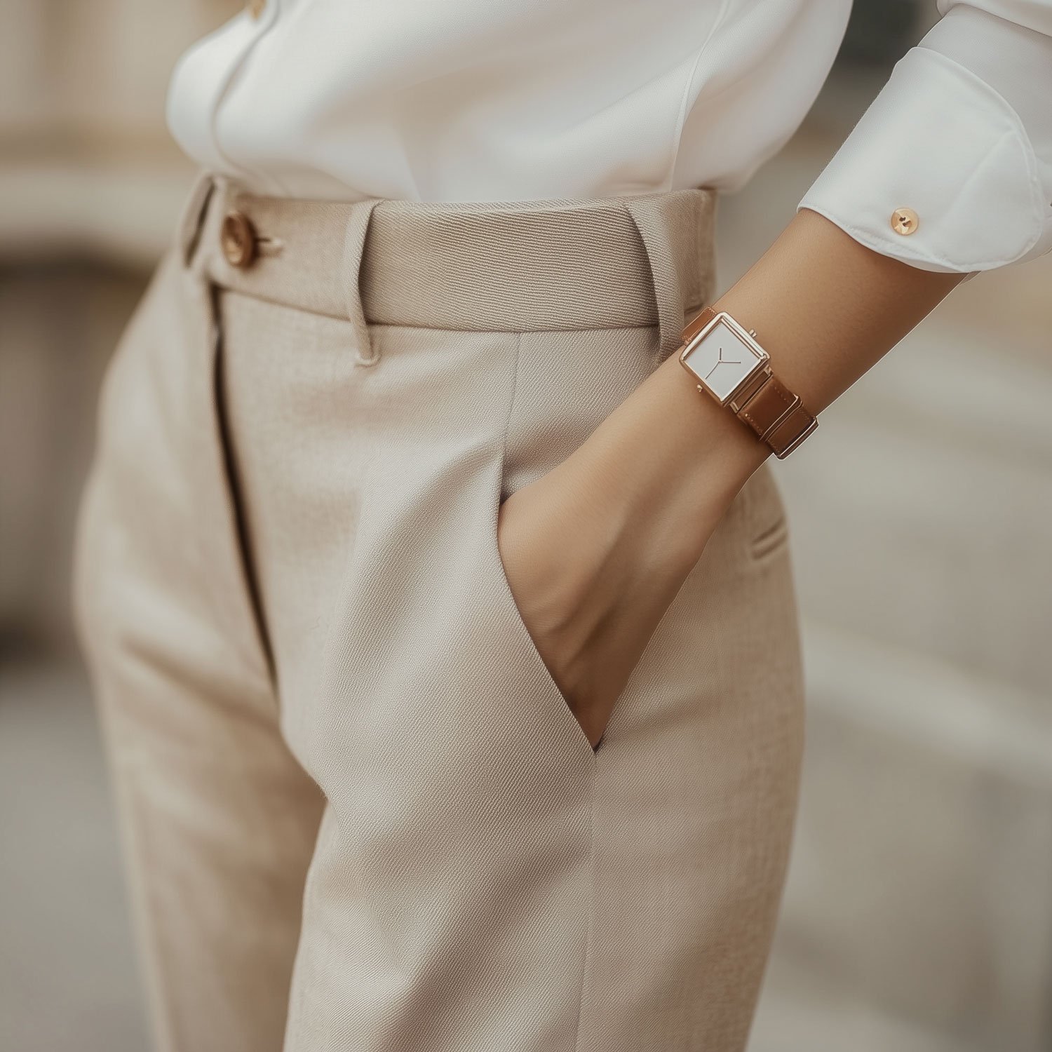 Close-up of a person wearing beige high-waisted pants, a white shirt with rolled-up sleeves, and a rose gold watch with a square face on their wrist, standing with one hand in their pocket.