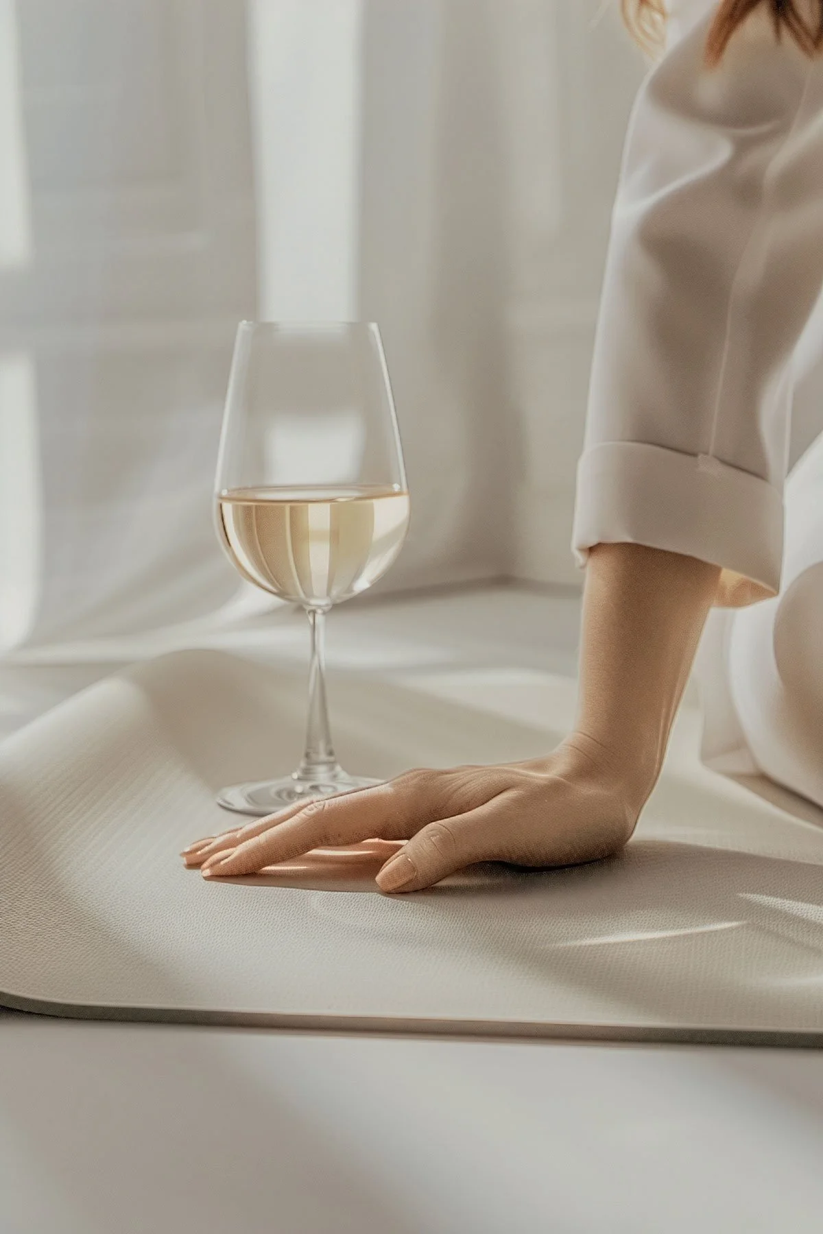 Close-up of a woman resting her hand on a white ottoman with a glass of white wine nearby, in a softly lit room.