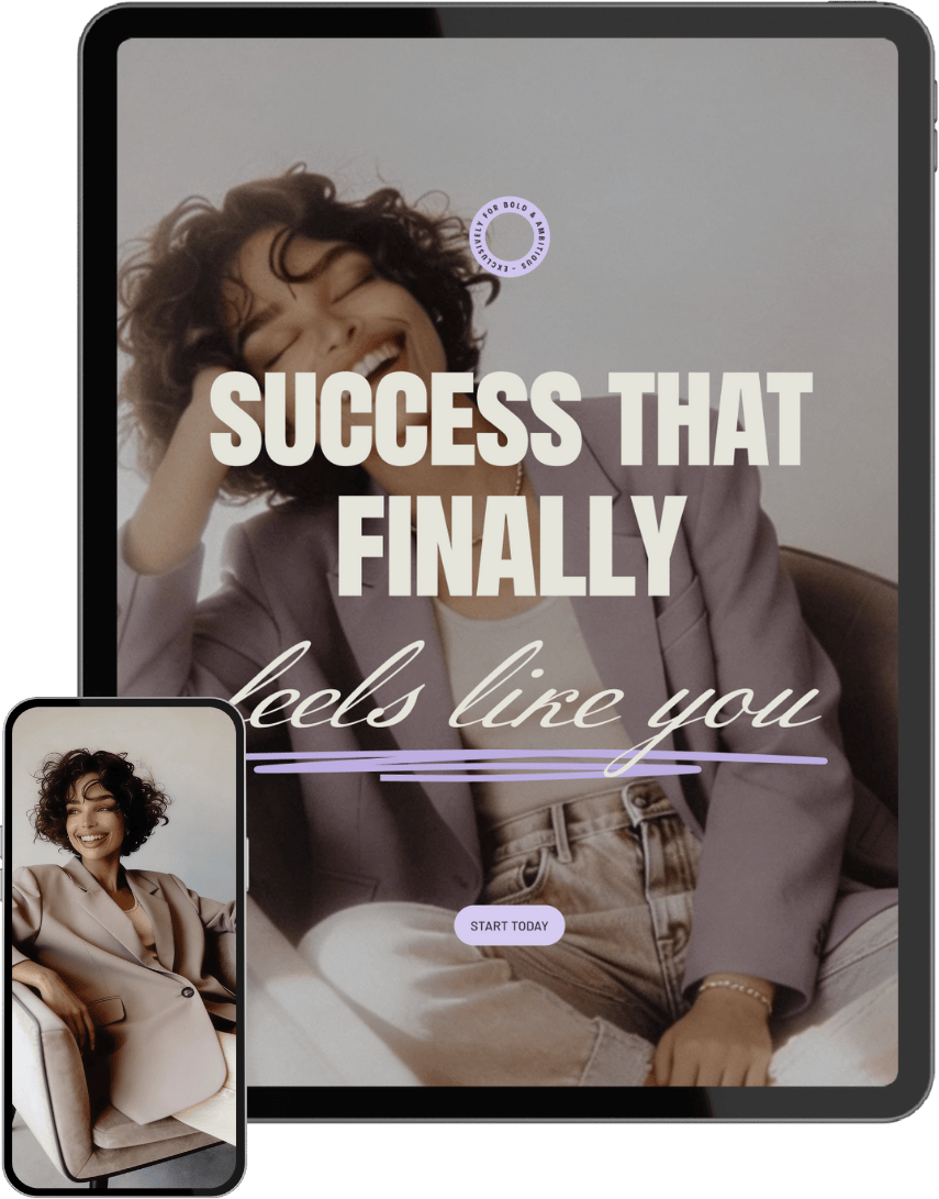 A woman with curly hair smiling and sitting on a chair, wearing a beige suit. She is featured on a digital device and a mobile phone screen, promoting a success-related message that reads 'Success that finally feels like you' with a 'Start Today' button.