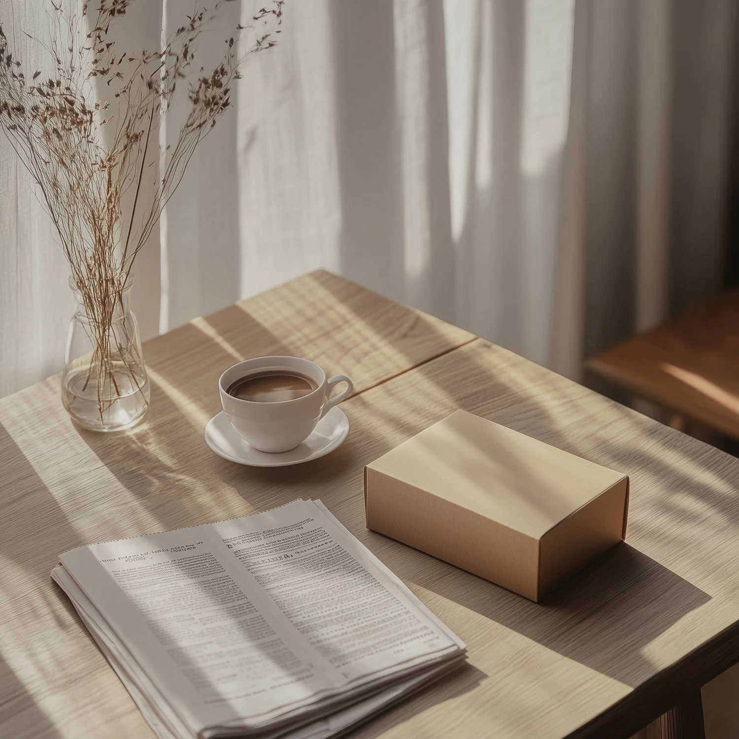 A wooden table with an open book, a closed cardboard box, a cup of coffee on a saucer, and a vase with dried flowers, near a window with sunlight and curtains.