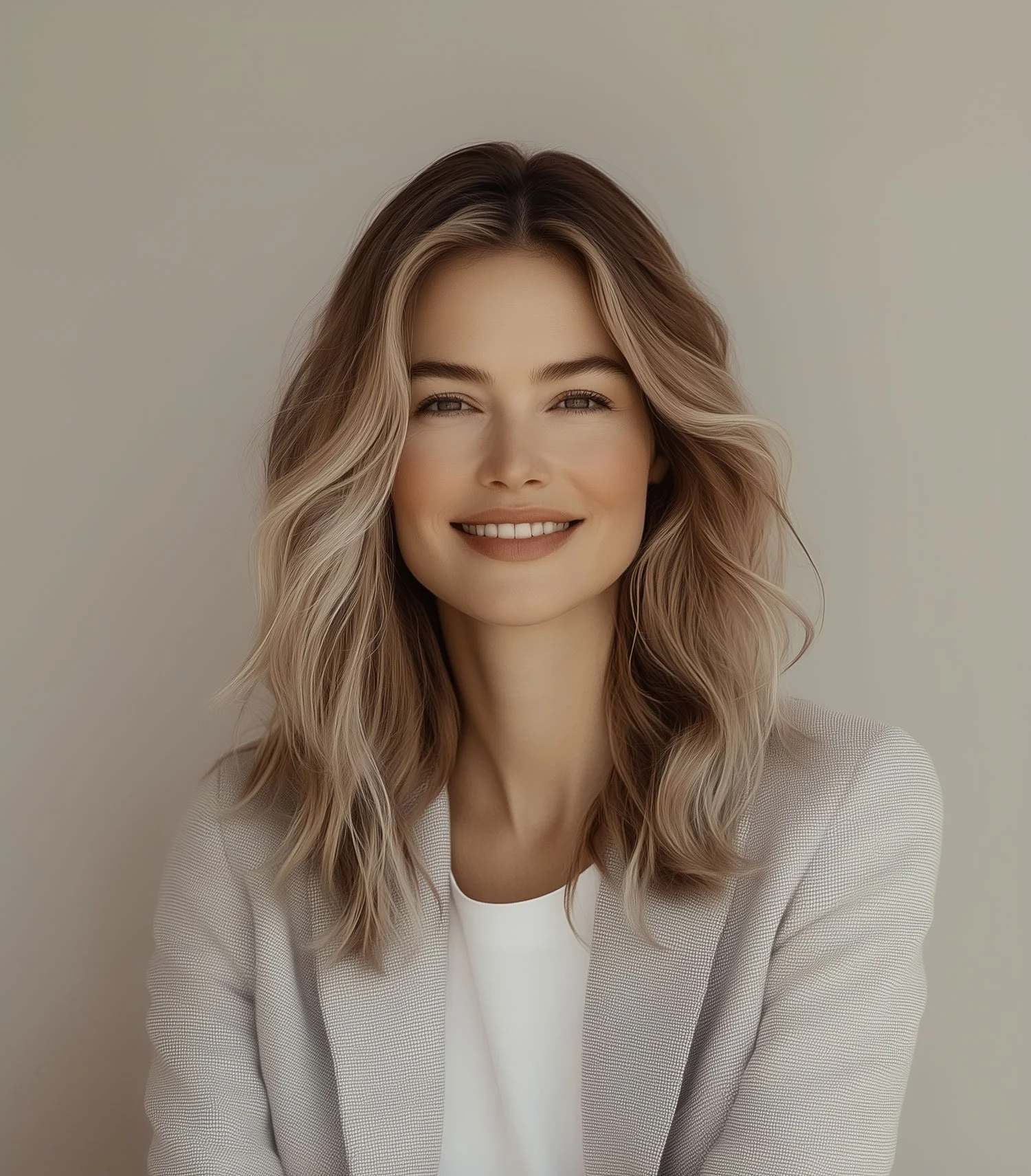 Portrait of a young woman with wavy blonde hair, smiling, wearing a light-colored blazer over a white top, against a neutral background.