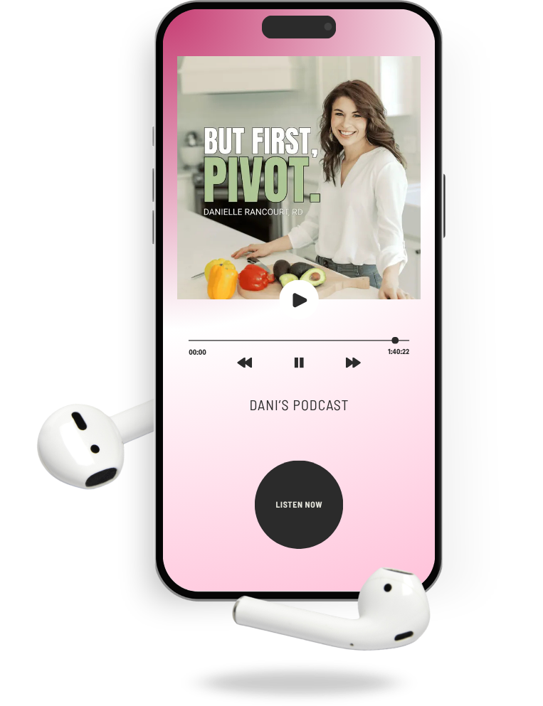 A pink smartphone displaying a podcast titled 'But First, Pivot' with a woman in a white shirt smiling in a kitchen, surrounded by colorful vegetables, and a podcast player interface with a play button and a large black "Listen Now" button. White earbuds are placed next to the phone.