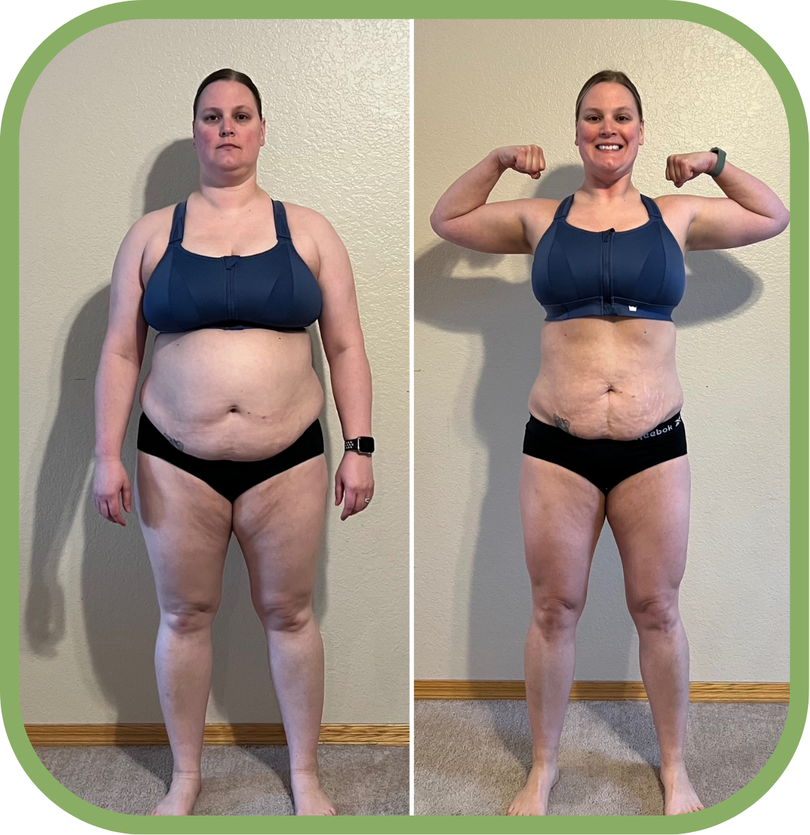 Side-by-side comparison of a woman before and after sustainable fat loss and muscle tone with a registered dietitian
