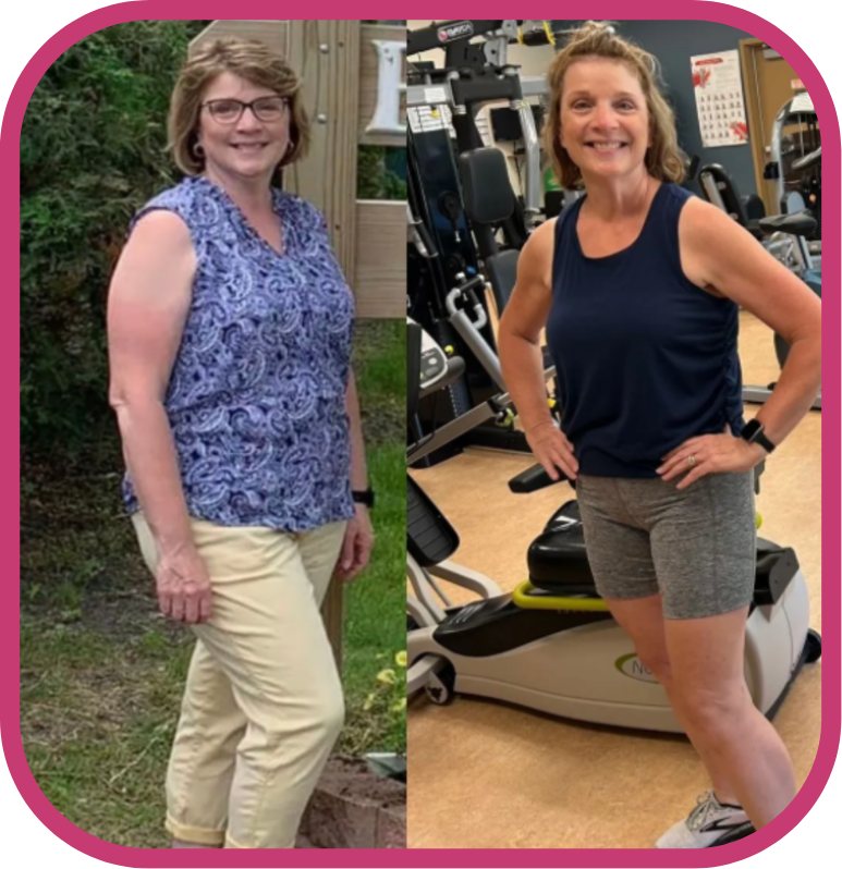 Side-by-side comparison of a woman before and after fitness transformation: on the left, she is outdoors in walkout attire with glasses, and on the right, she is at the gym wearing workout clothes, smiling with her hands on her hips.