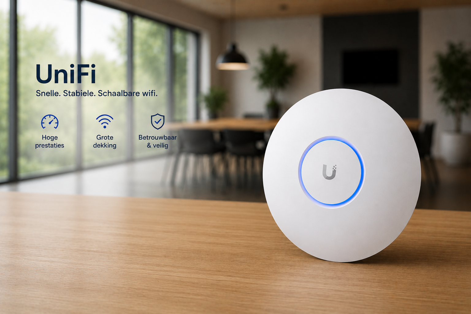 Afbeelding van een wit wifi-router op een houten tafel in een modern kantoor met grote ramen, groene planten en een tv aan de muur. Tekst links zegt: 'UniFi. Snelle, stabiele, schaalbare wifi.' met iconen en labels voor hoge prestaties, grote dekking, betrouwbaar en veilig.