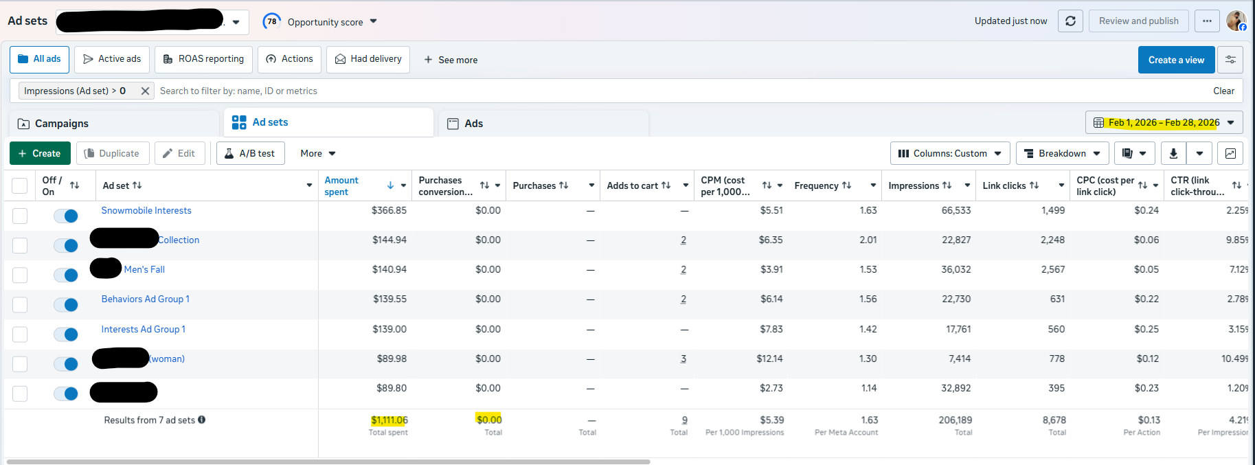 February Performance (0% ROAS on e-Com and On-Site Bookings)