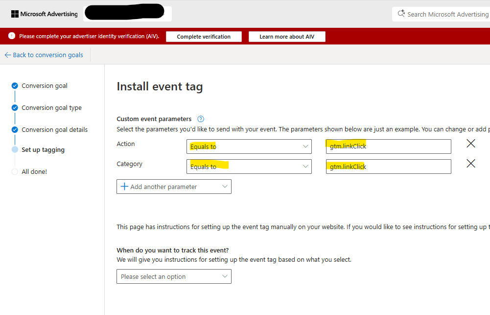 Bing Conversion Goal
